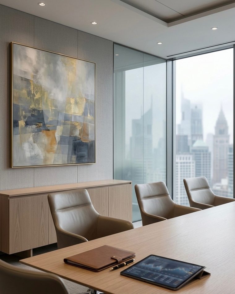 Glass facade reflecting brick buildings